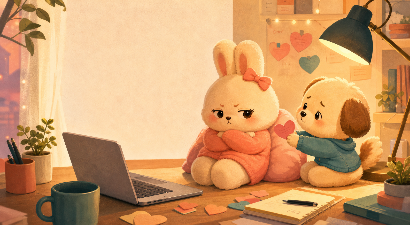 A cozy illustration of one sweet character offering a paper heart to another who is grumpy but softening.